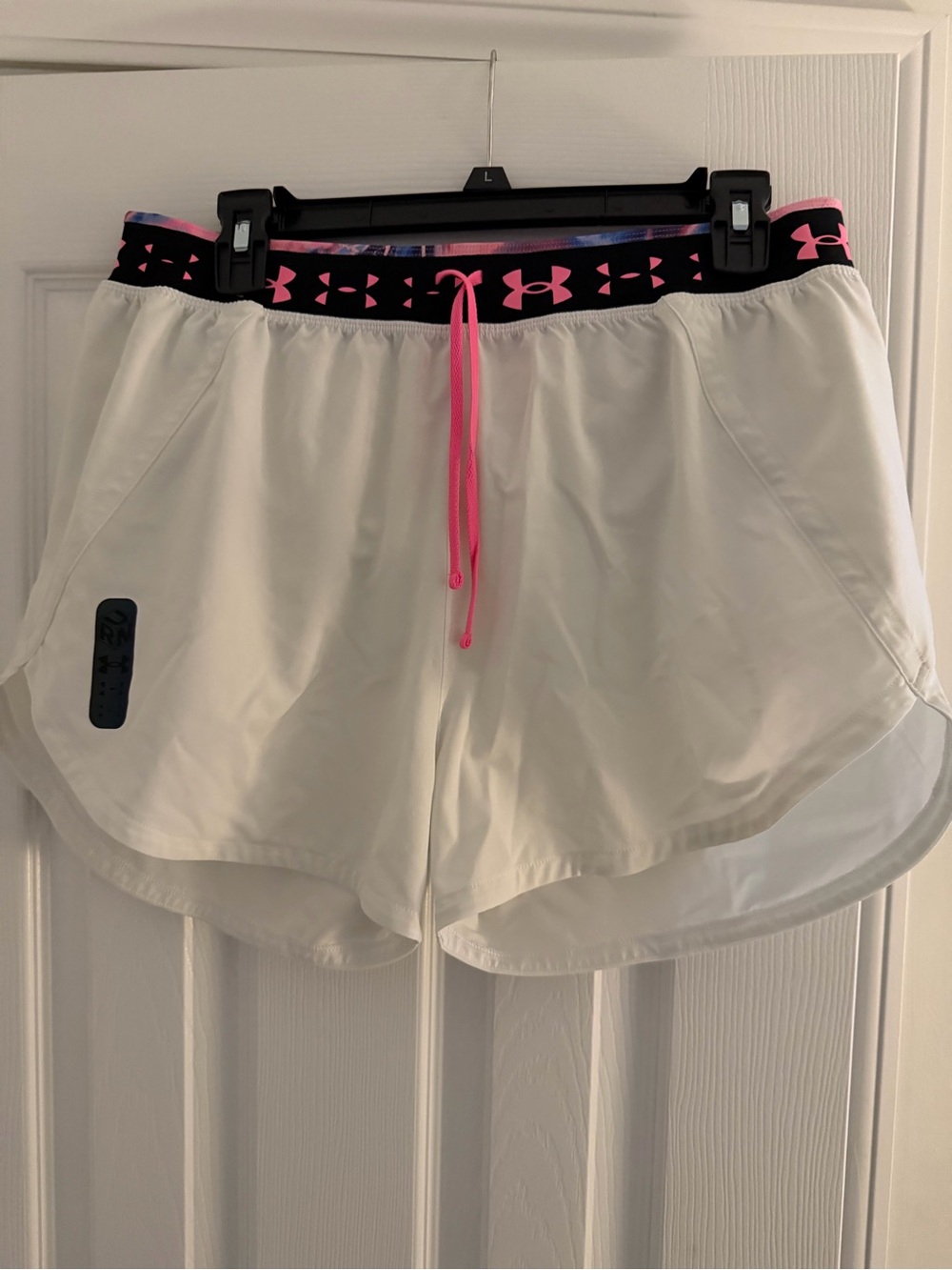 Under Armour White Athletic Shorts with Black and Pink Waistband